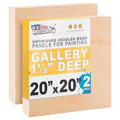 U.S. Art Supply 20" x 20" Unfinished Cradled Wood Panels for Painting, Gallery 1-1/2" Deep (2 Pack) - Artist Depth Wooden Wall Canvases - Mixed-Media Craft, Acrylic, Oil, Encaustic, Paint Pouring - size: 20" x 20", style: Square