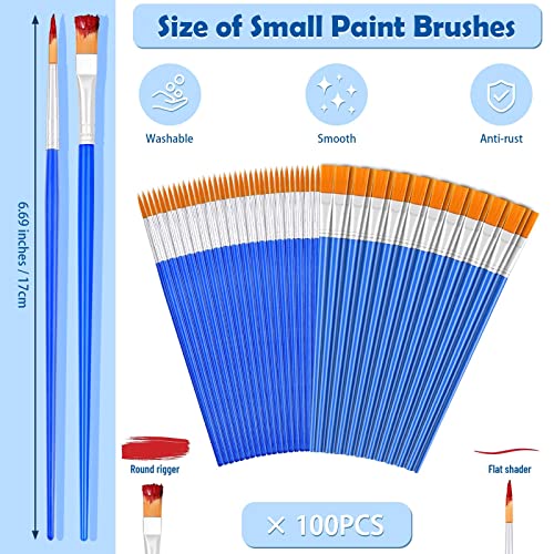 Small Paint Brushes Bulk, Anezus 100 Pcs Flat and Round Pointed Brushes Craft Paint Brushes for Classroom Watercolor Canvas Face Painting - style: Mixed(50Flat+50Fine)