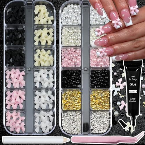 Nail Art Pearls with Glue Gel Flatback Pearls Pink Cream Bow Nail Charms Gold Silver Nails Gems Pearl Accessories for Women Nails Design Decoration Mixed Size 0.04-0.2in - color: Colorful-19
