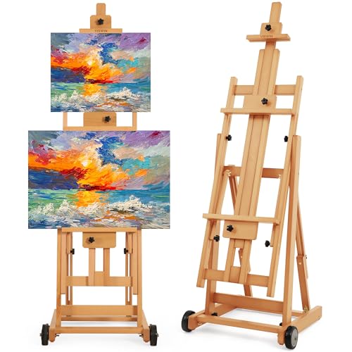 VISWIN Studio H-Frame Easel, Tilting Flat & Adjustable Beech Wood Art Easel for Painting, Movable Large Easel Stand for Adults, Artists, Hold 1 or 2 Canvas up to 78" - Natural - color: Natural