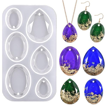 Waterdrop and Oval Resin Jewelry Molds,6 Cavities Silicone Pendant Molds for Resin Epoxy,Resin Casting Molds with Hanging Hole for DIY Gem Cabochon Pendant, Earring, Necklace Jewelry Making