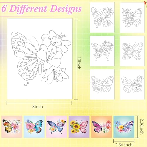 Dinifee 6 Pack Pre Drawn Canvas for Painting Pre Printed Canvas Kit 8 x 10 Inch Stretched Cotton Paint and Sip Set for Adults Couple Party Graduation Summer Date Night(Butterfly) - style: Butterfly