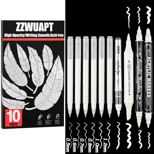 White Pens Set,10 Pack Acrylic Ink Pens, Fine Point Paint Gel Pen,Brush Tip Acrylic Markers for Black Paper Drawing, Sketching, Illustration, Card Making, Bullet Journaling - color: White