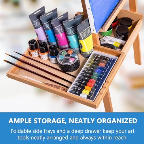 Falling in Art Large Wooden Painting Easel with Storage Drawer and Palettes, H-Frame Studio Easel Stand Holds Canvas up to 36 Inches, Suitable for Adults, Beginners, and Artists - style: Natural