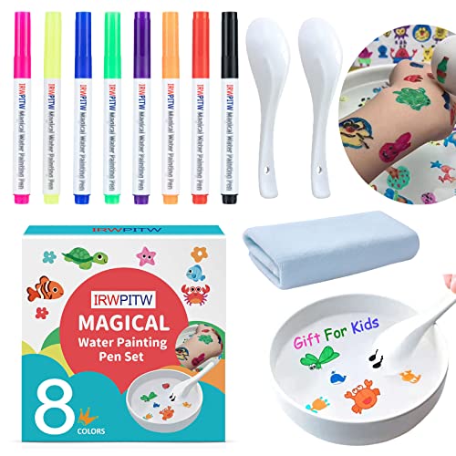 IRWPITW Magic Drawing Pen Bundle, 8 Colors Magical Water Painting Pens for Kids, Kiddies Create Magic Pen Floating Ink Drawings Set with Spoons and Towel, Tattoo Water Marker Gifts for Boys and Girls - size: 8 pens + 2 spoons + towel