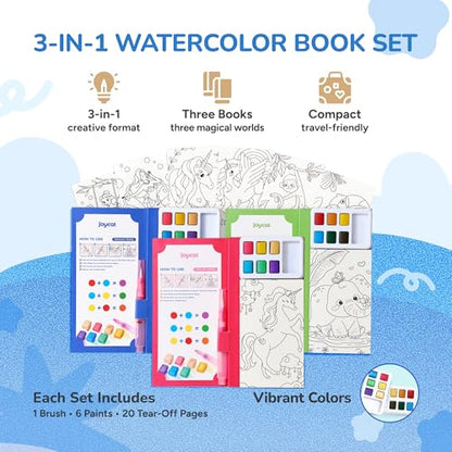 JoyCat 3 Pack Pocket Paint with Water Coloring Books for Kids, Art & Craft Activity Toy Set, Creative Travel & Home Painting Kit, Gifts for Girls & Boys Ages 3-8 (3 Pack - Magical Pony & Ocean Princess & Animals) - style: 3 Pack - Magical Pony & Ocean Pri