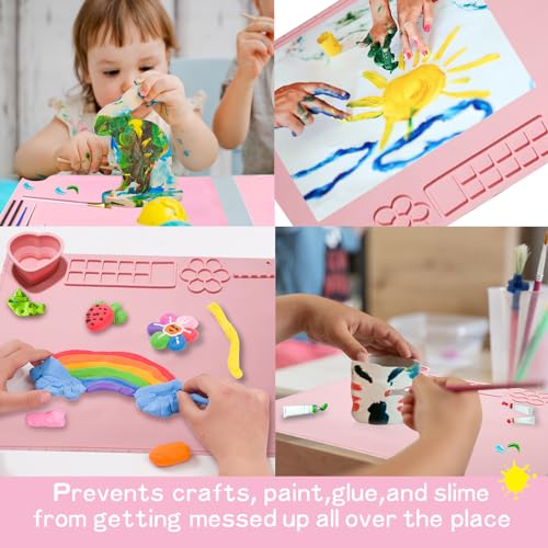 Silicone Painting Mat,20"X16"Large Silicone Art mat, Art Mat with Cup, Easy Clean up, Protects Surfaces Perfectly. for Paint, Color, Play with Clay/Play Dough.(Pink) - color: Pink