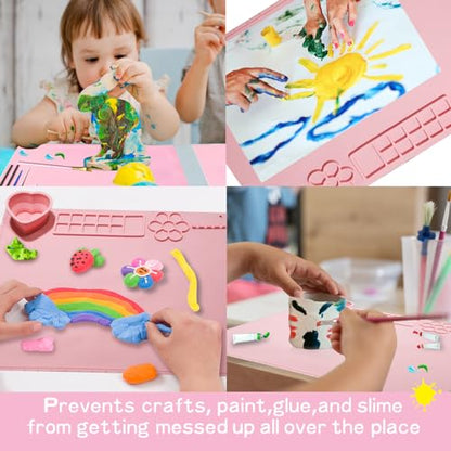 Silicone Painting Mat,20"X16"Large Silicone Art mat, Art Mat with Cup, Easy Clean up, Protects Surfaces Perfectly. for Paint, Color, Play with Clay/Play Dough.(Pink) - color: Pink