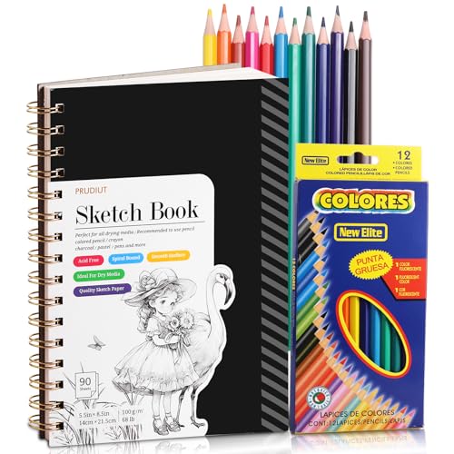 Sketch Book with 12 Color Pencil Set, 90 Sheets Spiral Sketchbook for Drawing (68lb/100gsm), Acid-Free Sketch Pad for Artist, Art Paper Drawing Supplies for Easter Gifts (5.5×8.5 inch) - color: Black, size: 5.5×8.5 Inch (1 Pack)