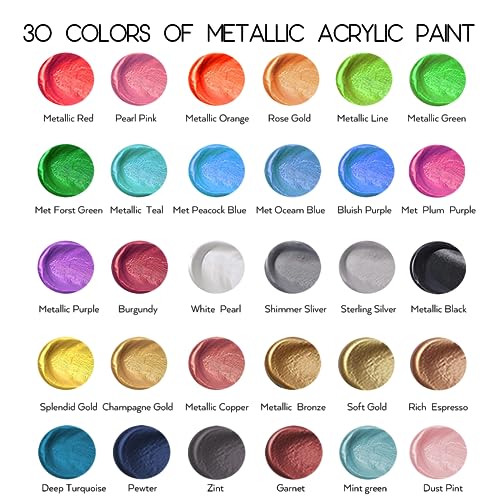 42 PCS Metallic Acrylic Paint Set of Premium 30 Colors，Professional Grade Metallic Paints with Bottles (2fl oz 60ml), Rich Pigments of Non Fading and Toxic Paints for Artist Hobby Painters Kids - style: 30 Colors Set of 42 PCS
