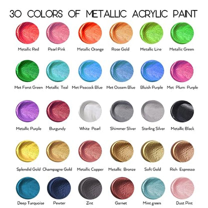 42 PCS Metallic Acrylic Paint Set of Premium 30 Colors，Professional Grade Metallic Paints with Bottles (2fl oz 60ml), Rich Pigments of Non Fading and Toxic Paints for Artist Hobby Painters Kids - style: 30 Colors Set of 42 PCS
