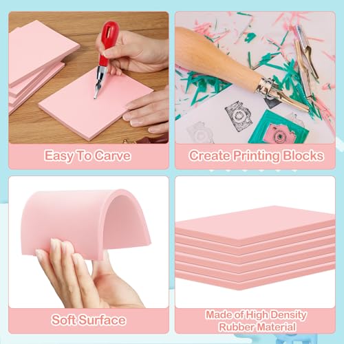 Frienda 50 Pack Rubber Carving Blocks 4 x 6 Inch, Rubber Stamp Carving Blocks for Printmaking, Printing, DIY Craft Project, Soft Block Stamp for Beginners and Professional(Pink) - color: Pink