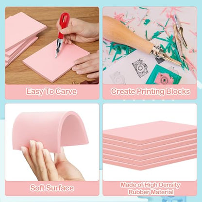 Frienda 50 Pack Rubber Carving Blocks 4 x 6 Inch, Rubber Stamp Carving Blocks for Printmaking, Printing, DIY Craft Project, Soft Block Stamp for Beginners and Professional(Pink) - color: Pink