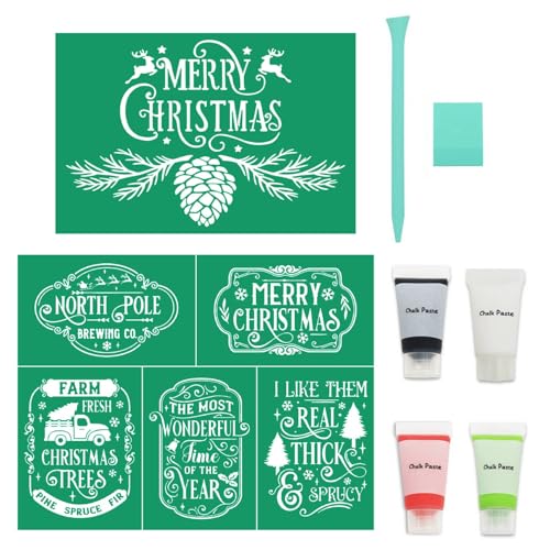 8PCS Merry Christmas Silk Screen Stencils,Mini Christmas Chalk Paste for Transfers Stencil Winter Self Adhesive Stencils Reusable for Painting on Wood,Fabric,Home Decor,Chalk Paste Mini Squeegees Set - color: 8 PCS merry christmas paste kit