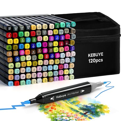 Kebuye 120 Colors Alcohol Art Markers Set, Dual Tips Blender for Drawing, Sketching, Coloring, Underlining, Professional Permanent Sketch Markers for Kids and Adults - style: Black-120PCS