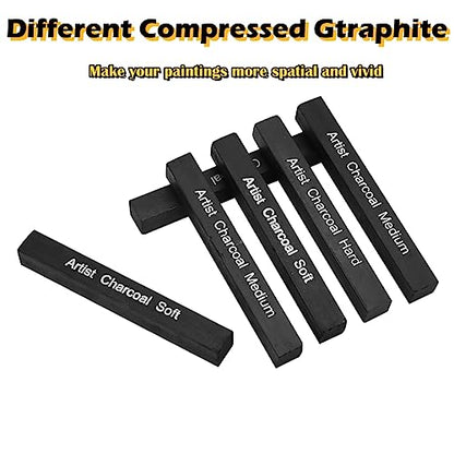 6Pcs Compressed Charcoal Sticks Soft Medium Hard Grade Graphite Sticks Vine Charcoal Sticks for Drawing Charcoal Drawing Set For Sketching Shading Sketch Tools Art Supplies Kits For Beginners Artists