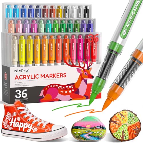 Nicpro 36 Colors Acrylic Paint Markers Brush Tip, Water-Based No-Bleed Paint Markers with Automatic Ink Control, Waterproof Acrylic Paint Pens for DIY Art & Crafts - Rock, Wood, Glass, Ceramic, Fabric - size: 1 Count (Pack of 36)