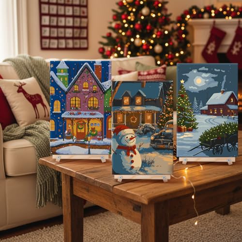 YooNotee 6 Pcs Winter Wonderland Paint by Numbers Kit for Adults 12x8 Inch Christmas Themed Canvas with Easel, DIY Oil Painting for Beginners, Home Wall Decor - style: Tree