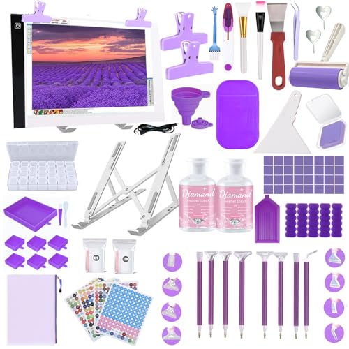 NLXCXUCY 158pcs Diamond Art Accessories Kit All-Inclusive Diamond Painting Tool Set with A4 Diamond Painting Light Pad,Diamond Art Sealer Glue,Diamond Correction,Pens Storage Box for DIY Craft - color: Purple, size: A4