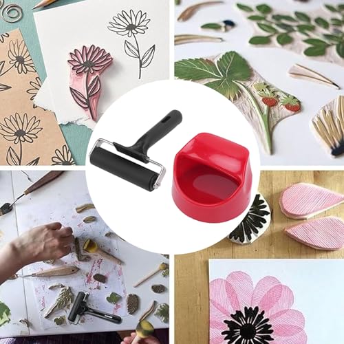 Printing Roller Kit Soft Rubber Roller with Set, Sturdy Metal Structure Plastic Handle 4in Rubber Brayer Roller for Crafting Printing Inking Stamping