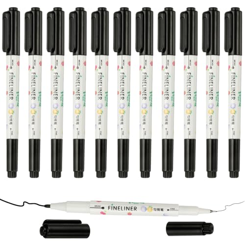 PATIKIL 12 Pack Dual Brush Markers, Black Fine and Brush Tips Pens Marker Calligraphy Coloring Art Supplies Set for Coloring Book Illustration Sketching Journaling, 1.2mm 0.5mm