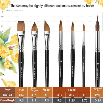 Watercolour Brushes Set, Fuumuui 7PCS Professional Kolinsky Sable Paint Brush with Patented Extended Points Design, Round, Flat, Oval, Mop for Fine Detail, Gouache, Ink, Watercolour Painting - color: Black6