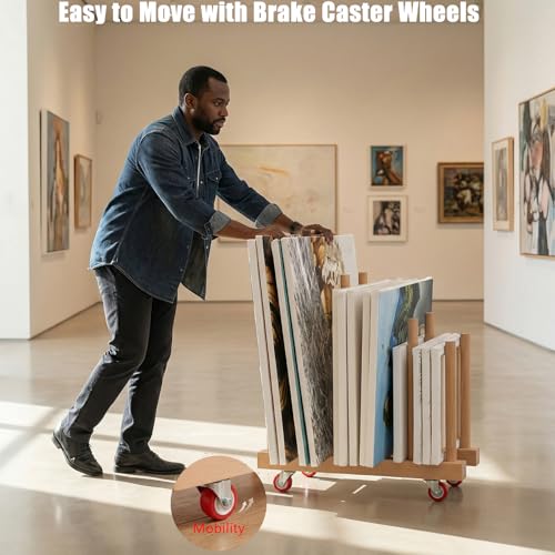 Artwork Storage Rack with Brake Caster Wheels,Art Drying Rack, Canvas Storage Rack,Wood Storage Stand for Drawing Board, Prints, Perfect for Studios,Galleries, Museums, Art Venues (12in)