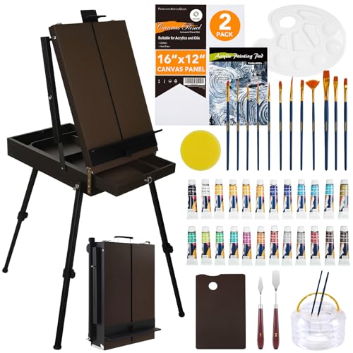 CONDA 70” Art Set with French Easel of Aluminum Legs, Folding Sketch Painting Easel with Drawer, Tripod Easel Stand for Painting, Sketching, Display - color: Upgraded Version-Brown