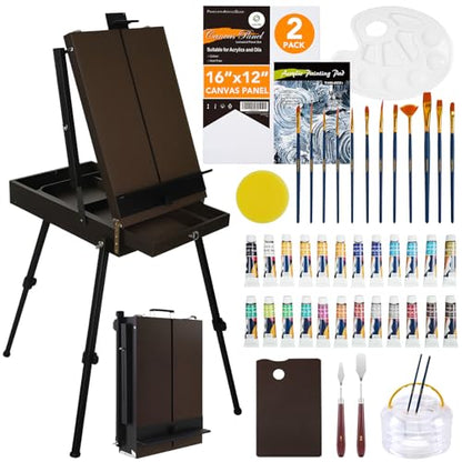 CONDA 70” Art Set with French Easel of Aluminum Legs, Folding Sketch Painting Easel with Drawer, Tripod Easel Stand for Painting, Sketching, Display - color: Upgraded Version-Brown