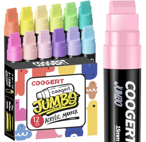 Coogert 12 Pastel Colors Jumbo Poster Markers, 15MM Thick Permanent Acrylic Graffiti Markers, Wide Tip Paint Marker for Canvas, Posters Board, Fabric, Window, Wood,Teachers,Banner painting supplies - color: 12 Pastel Colors