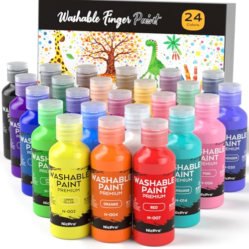Nicpro 24 Colors Washable Finger Paint Set for Toddlers (2 oz), Non-Toxic & Baby Safe Paint for Hand and Feet, Mess Free Finger Painting Art Supplies for Kids Age 1-3 4 5 6+, Preschool Learning Gifts - color: 24 Colors, size: 2 Fl Oz (Pack of 24)