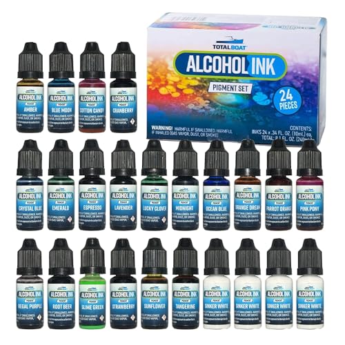 TotalBoat Alcohol Ink Set | 24 Vibrant Resin Dye Bottles | Concentrated, Fast-Drying Alcohol-Based Pigments for Epoxy Resin, Art, Jewelry, Tumblers, and DIY Crafts