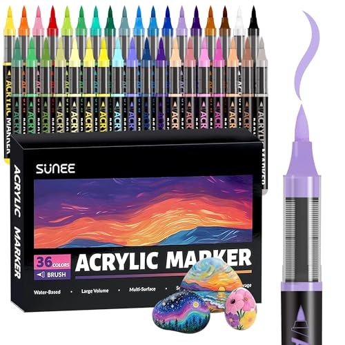 SUNEE Acrylic Paint Markers Brush Tip, 36 Colors Acrylic Markers with Automatic Ink Control System, Waterproof Acrylic Paint Pens for Painting,Wood, Canvas, Glass, Stone, Fabric and Art Supplies - color: 36 Pack 36 Colors