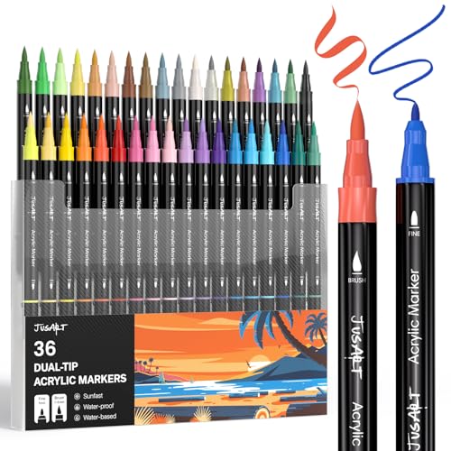 JusArt 36 Colors Dual Tip Acrylic Paint Pens Markers, Brush and Fine Tip, Premium Paint Pens for Wood, Canvas, Egg, Stone, Fabric, Rocks, Metal, Glass, Ceramic, DIY Crafts Making Art Supplies Gifts - color: Black Barrel- 36 Colors