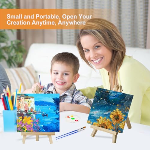 30 Pack Mini Canvas and Easel Set, 4 x 4 inch Small Canvases for Painting with Wood Easel and 12 Colors Mini Paint Set, Bulk Acrylic Canvas Painting Supplies Kit for Party