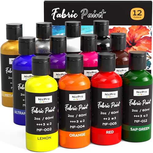 Nicpro 12 Colors Fabric Paint (2 oz, 60 ml), Fabric Paint for Clothes Permanent, Rich Pigment Non-Toxic Clothing Paint for DIY T-shirts Jeans Crafts, Refresh Furniture Upholstery - color: 12 Colors, size: 2 Fl Oz (Pack of 12)