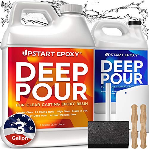 Upstart Epoxy 2-inch Deep Pour Epoxy Resin Kit 3 Gallons for Art and Countertop Making - Clear, Color Casting with Mica Powder Perfect for River Table, Tabletop, Jewelry | Perfect for Art and Countertop Making - Clear, Color Casting with Mica Powder Perfe