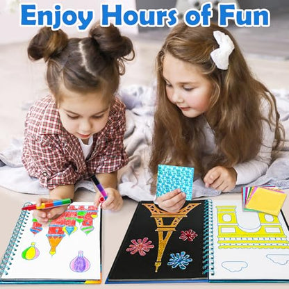 FUNNYB&G Foil Art Craft Kit for Kids 4-10 Years Old: Mess-Free & No-Glue, Create 16 Sparkly Famous Building Pictures – Perfect Travel Toy & Birthday Gift for Kids (Buildings) - style: Building