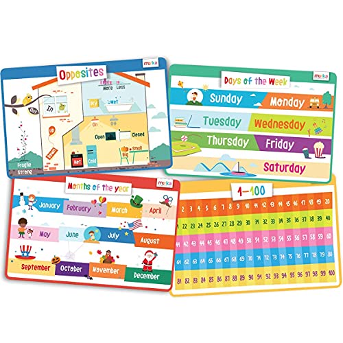 merka Kids Placemats Set - 4-Pack, 17 x 11 in, Multicolor - Interactive Preschool Learning Placemats for Ages 2 & Up with Counting & Days of the Week - Wipeable & Reusable with Slip-Resistant Backing - style: Opposites, Days, Months, Numbers