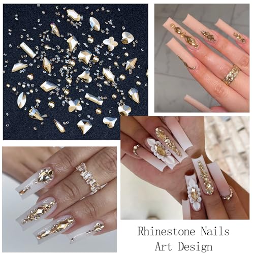 Nail Art Charms Rhinestones with Glue Gel Champagne Nail Rhinestones Supplies Accessories Gold Butterfly Multi Shape Crystal AB Rhinestone Nails Gems Jewelry for Women Nails Design - color: Colorful-25
