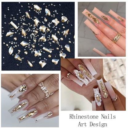 Nail Art Charms Rhinestones with Glue Gel Champagne Nail Rhinestones Supplies Accessories Gold Butterfly Multi Shape Crystal AB Rhinestone Nails Gems Jewelry for Women Nails Design - color: Colorful-25