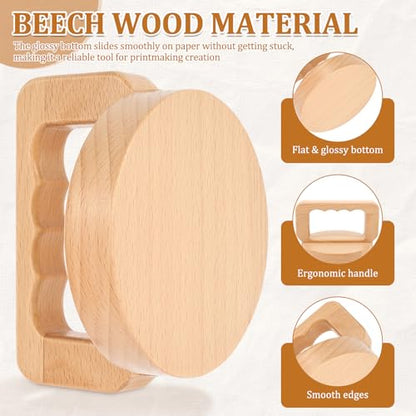 Block Printing Baren, Beech Wood Baren for Printmaking - Linocut Block Printing - Baren Printmaking Tool with Comfortable Ergonomic Handle for Block Printing, Crafting and Scrapbooking