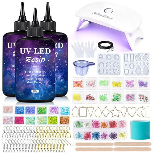 SolaraGlaze UV Resin Jewelry Making Kit with UV Lamp and Casting Tools 360g Crystal Clear&Low Odor DIY Jewelry Making Resin Kits, Resin Starter Kit for Keychain, Hair Clip and Earring