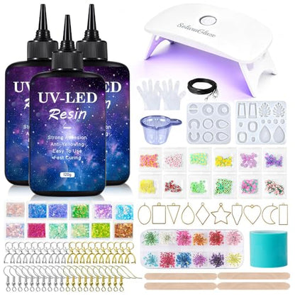 SolaraGlaze UV Resin Jewelry Making Kit with UV Lamp and Casting Tools 360g Crystal Clear&Low Odor DIY Jewelry Making Resin Kits, Resin Starter Kit for Keychain, Hair Clip and Earring