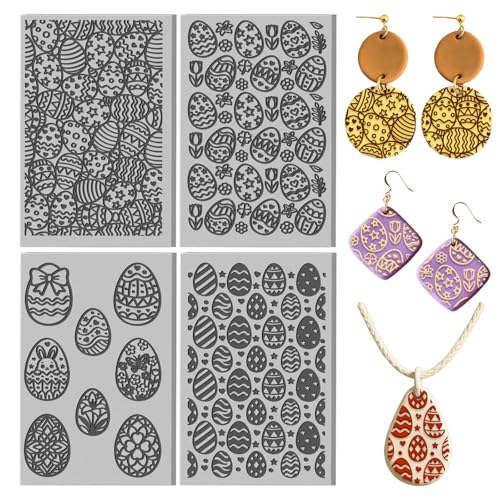 CHGCRAFT 4 Sheets Easter Eggs Clay Texture Mat Easter Bunny Pattern Polymer Clay Texture Sheets DIY Tools for Pottery Earring Jewelry Making Stamp Engraving Machines, 3.9x2.6inch