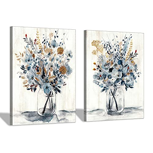 Hardy Gallery Floral Painting Canvas Wall Art: Abstract Flower Bouquet in Glass Bottle Picture Print for Dining Room (18'' x 24'' x 2 Panels) - color: Abstract Flower Art, size: 18" x 24" x 2 Panels