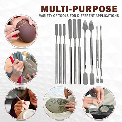 A2ZScilab - Stainless Steel Spatula Wax & Clay Sculpting Tool Carver Set, Carving Pottery Tools - Sculpture Shaper Polymer Modeling Tools for Clay, Pottery, Ceramics Artwork & Holiday Crafts (10PC) - style: 10PC