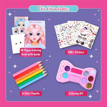 BSCOOL Make-up Artist Kit - 2 Sets Pretend Play Makeup & Sticker Coloring Book, Includes Palette, Brushes, Pencils & 200+ Stickers, Girls Beauty Toy Ages 5+ - color: Multipack - 2PCS Make Up Studio