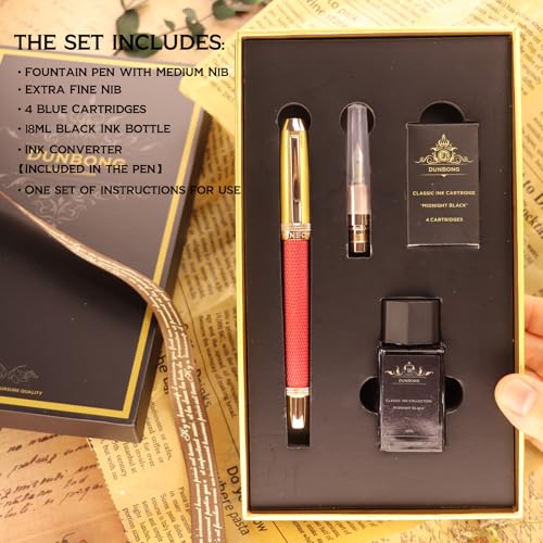 DUNBONG Luxury Fountain Pen, Aureate Gold Powder Finish, Gold Plating and Red Lacquer, Intricate Engraved Pattern, Gilded Medium Nib, Refillable Ink Converter, Luxury hard Gift Box(lion)