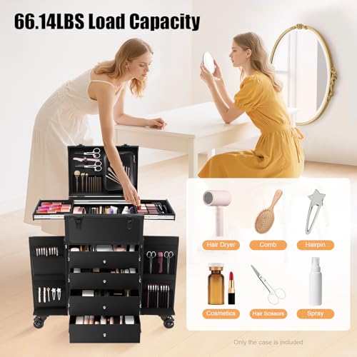44.09lbs Lockable Makeup Train Case,Rolling Hairdressing Trolley,Beauty Salon Cosmetic Luggage with Universal Wheels for Hair Stylist,Make-up Artists (Black 8) - color: Black 8